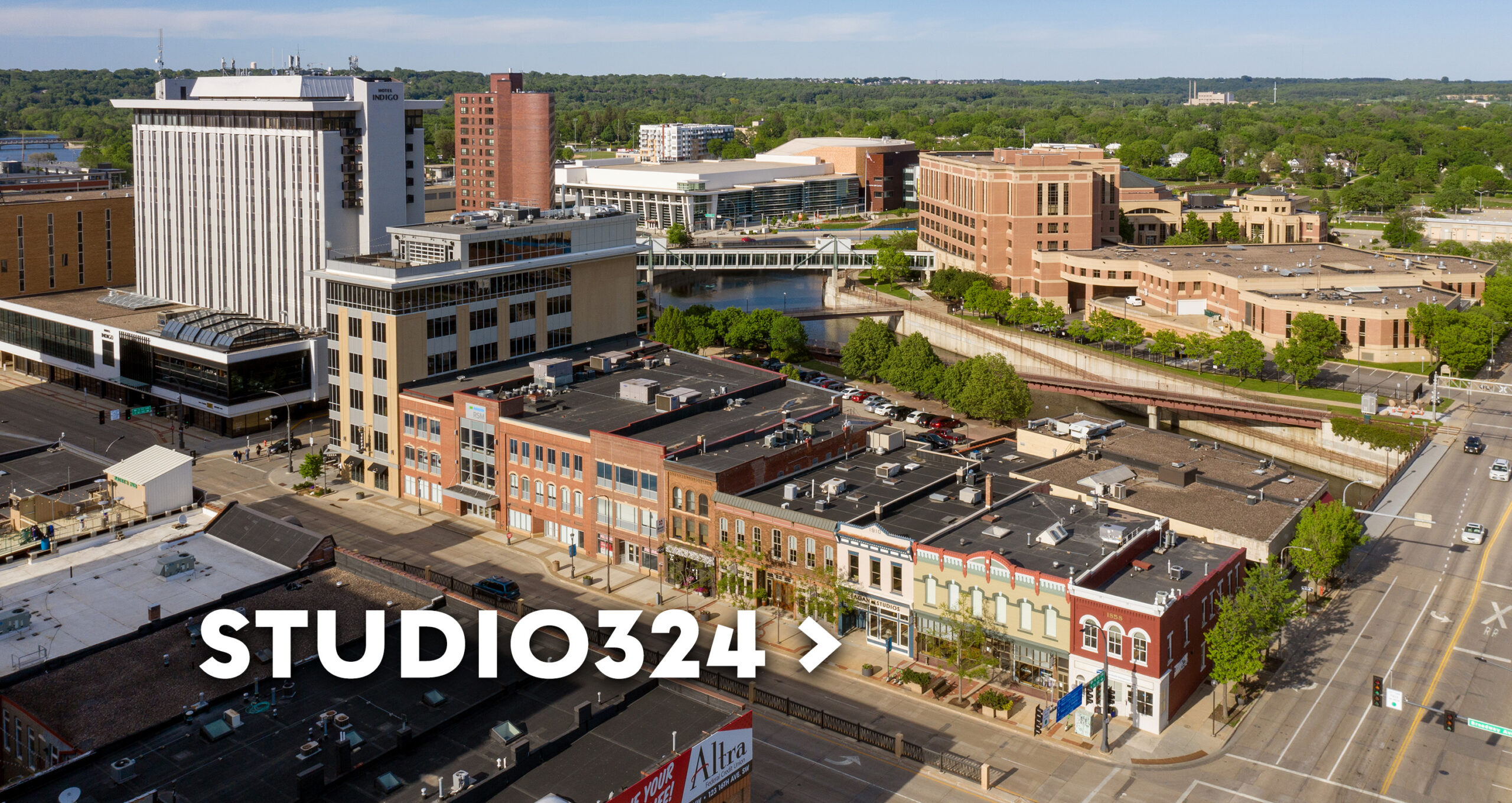 aerial image of downtown rochester 300 block of broadway showing location of studio324 and fagan studios